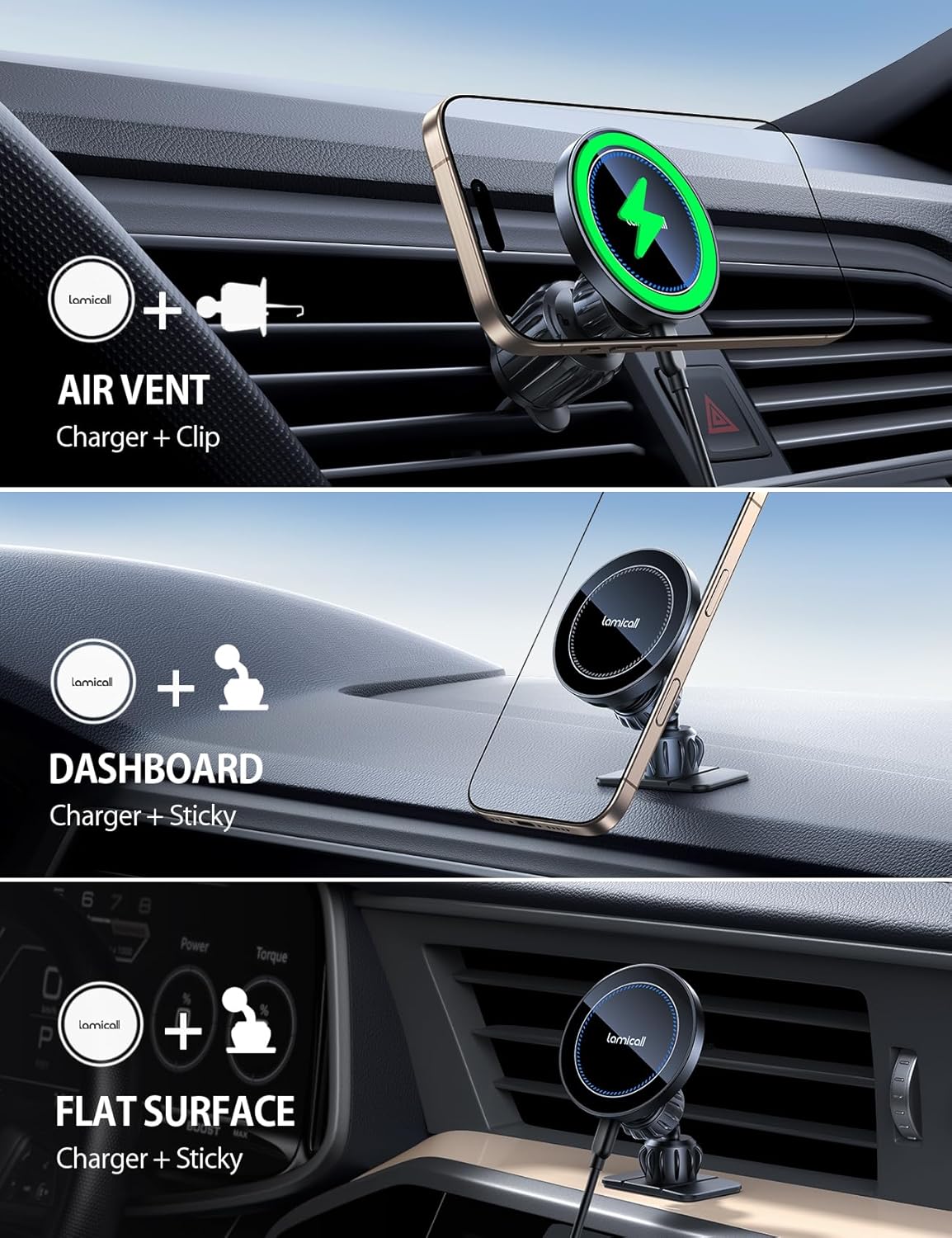 Cargador Magnético Lamicall 15W para Auto – Soporte MagSafe 3 en 1 para iPhone 17/16/15