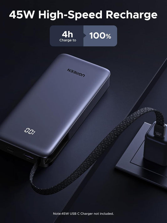 Power Bank UGREEN Nexode 20,000mAh 45W – Carga Rápida con Cable USB-C Integrado y Pantalla LED