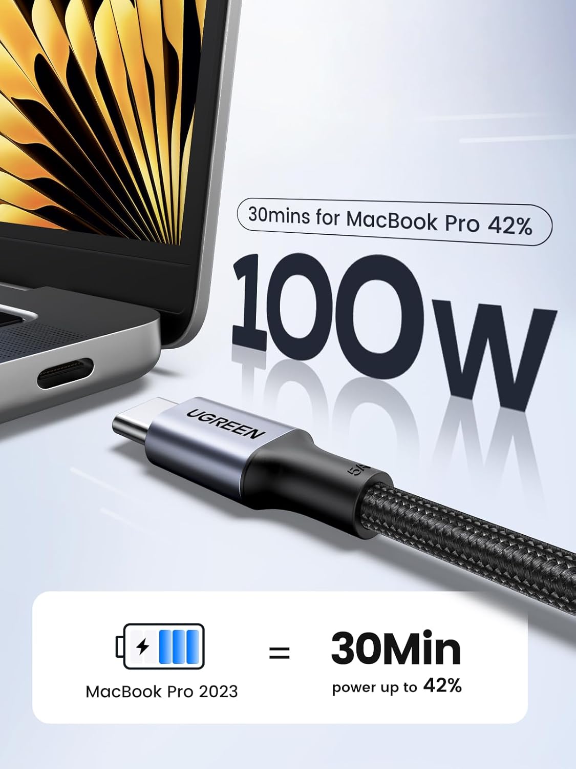 Cable UGREEN USB-C a USB-C 100W – Cable de carga rápida Compatible con iPhone 16, MacBook Pro, iPad, Dell XPS, Galaxy S24, Switch y Más