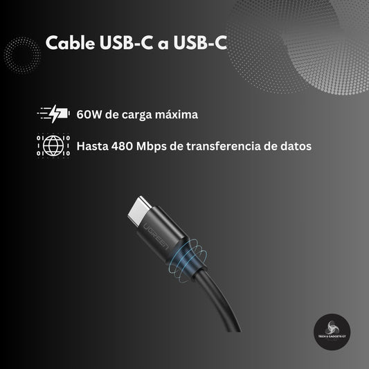Cable UGREEN USB-C a USB-C 60W – Cable de Carga Rápida Tipo C Compatible con iPhone 16, MacBook Pro, Galaxy S24, Pixel 7, Switch, 6.6 Pies
