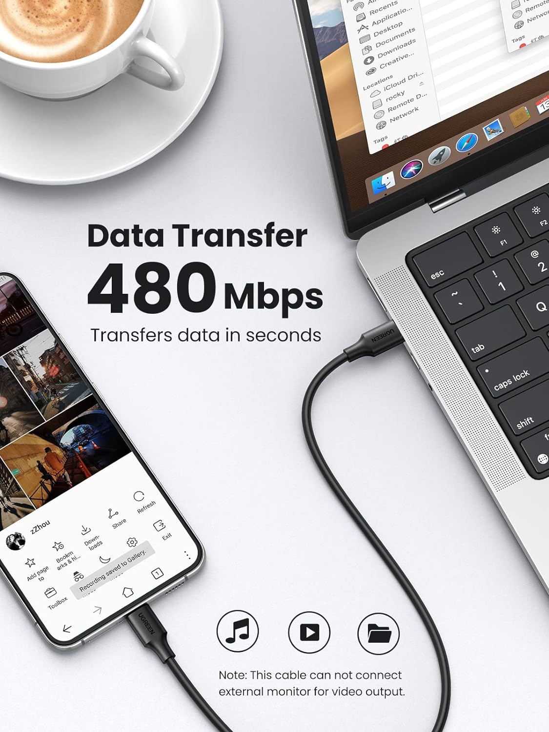 Cable UGREEN USB-C a USB-C 60W – Cable de Carga Rápida Tipo C Compatible con iPhone 16, MacBook Pro, Galaxy S24, Pixel 7, Switch, 6.6 Pies