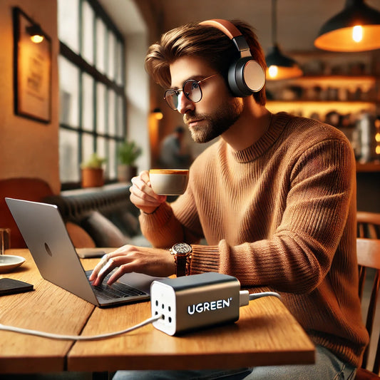 Persona en sus late 20’s trabajando en un café, con audífonos over-ear, usando un cargador Ugreen 65W conectado a su laptop y sosteniendo una taza de café.