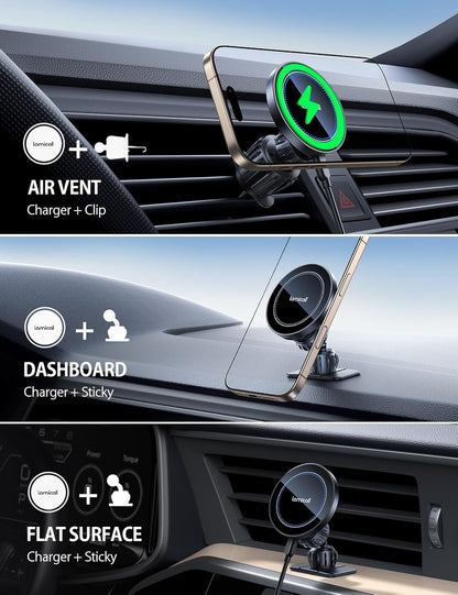 Cargador Magnético Lamicall 15W para Auto – Soporte MagSafe 3 en 1 para iPhone 17/16/15