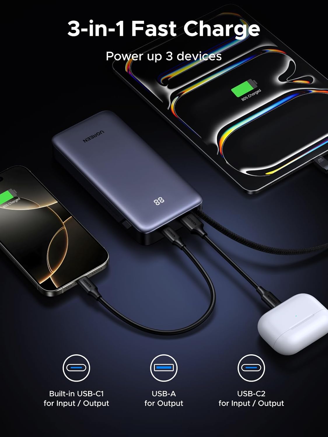 Power Bank UGREEN Nexode 20,000mAh 45W – Carga Rápida con Cable USB-C Integrado y Pantalla LED