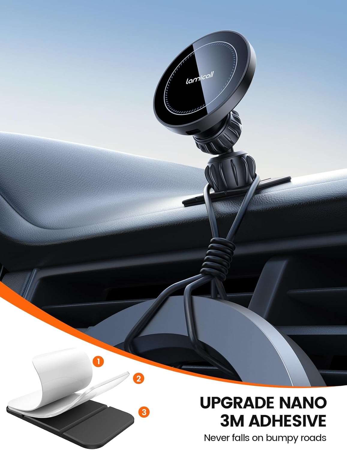 Cargador Magnético Lamicall 15W para Auto – Soporte MagSafe 3 en 1 para iPhone 17/16/15