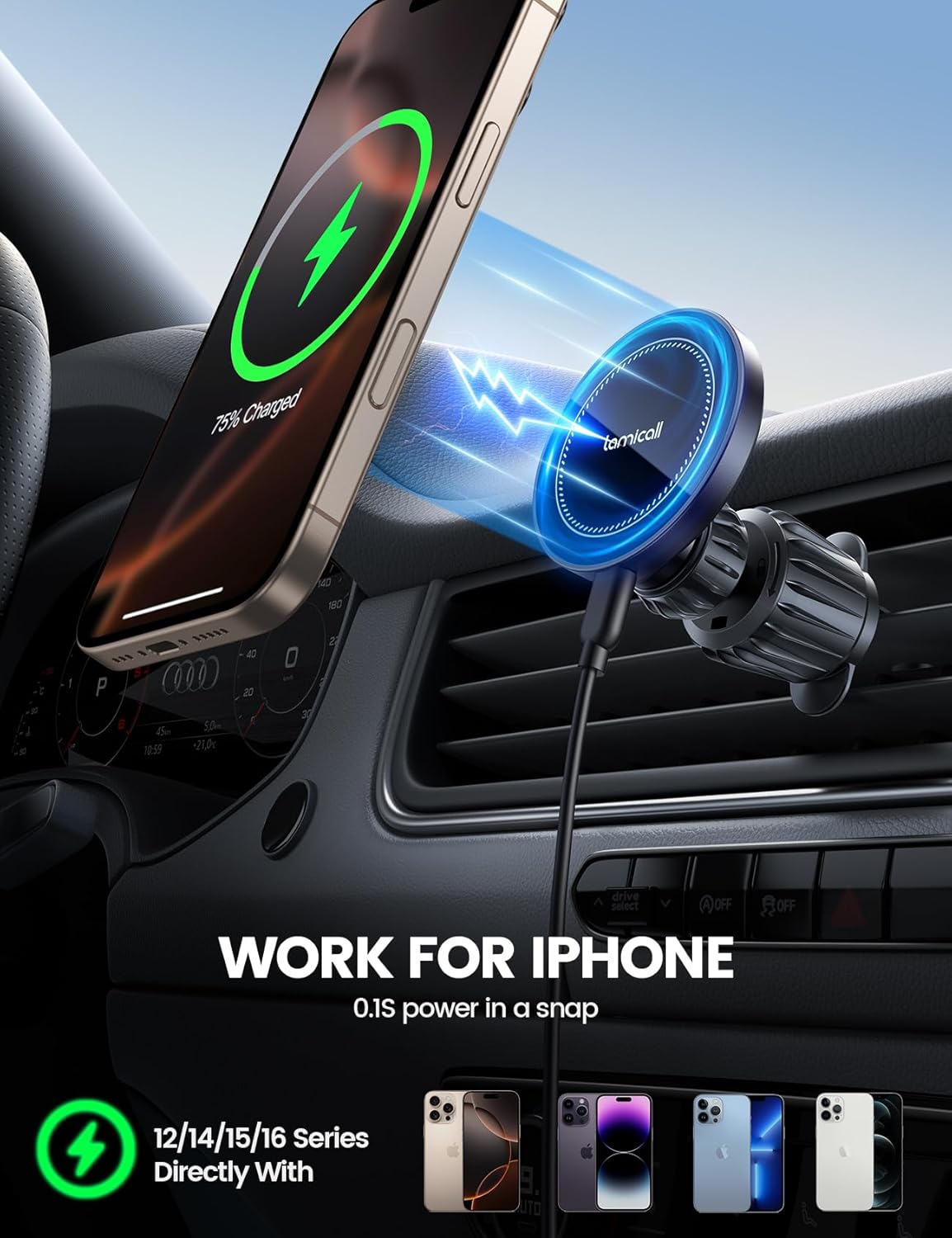 Cargador Magnético Lamicall 15W para Auto – Soporte MagSafe 3 en 1 para iPhone 17/16/15