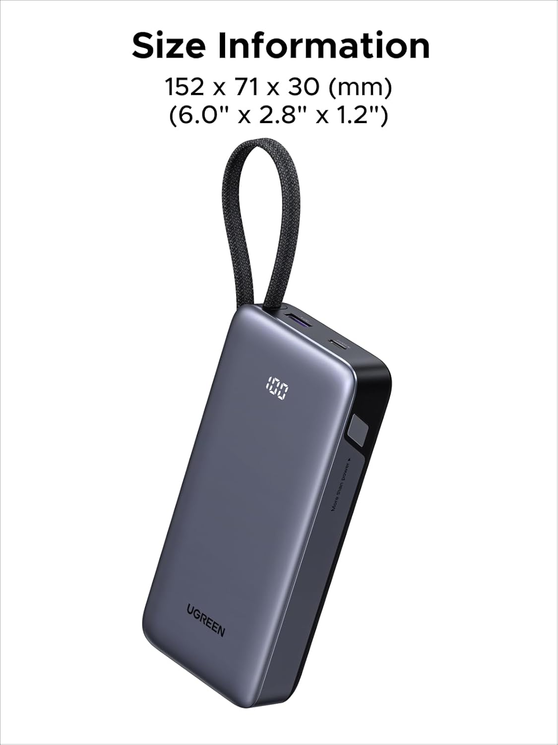 Power Bank UGREEN Nexode 20,000mAh 45W – Carga Rápida con Cable USB-C Integrado y Pantalla LED