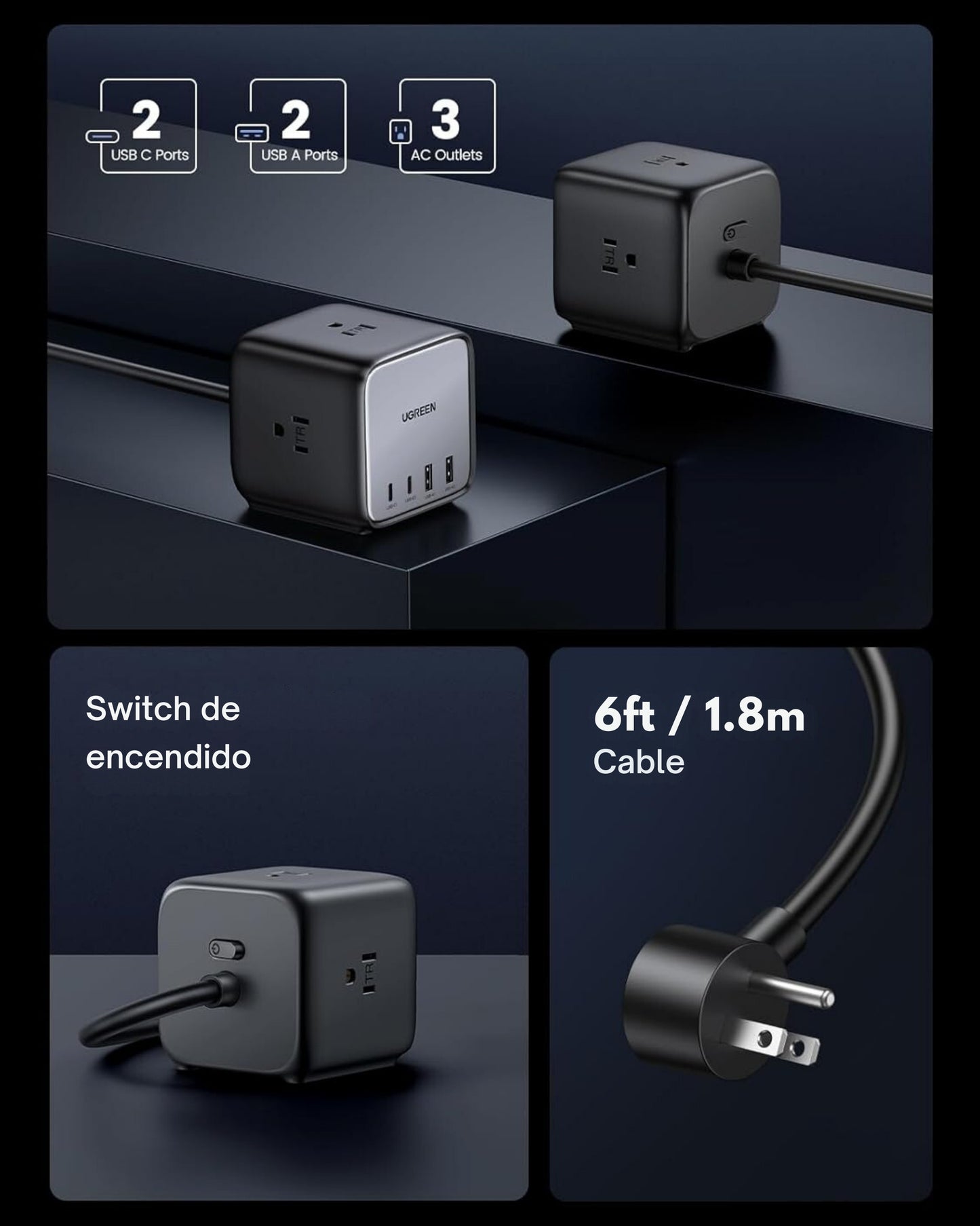 Estación de Carga UGREEN 65W USB-C Nexode 7 en 1 – Regleta de Potencia GaN con 3 Tomas AC, 2 Puertos USB-C y 2 USB-A para MacBook Pro, iPhone 16 Pro y Más