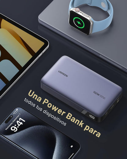 Power Bank UGREEN 20000mAh 100W Nexode – Cargador Portátil de 3 Puertos con Carga Rápida PD para MacBook, iPhone 16, Galaxy S24, Steam Deck, y Más