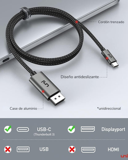 Cable uni USB C a DisplayPort para Oficina en Casa – 4K@60Hz, 2K@165Hz, Compatible con Thunderbolt 3/4, MacBook, iPhone 15 Pro/Max, XPS, Surface