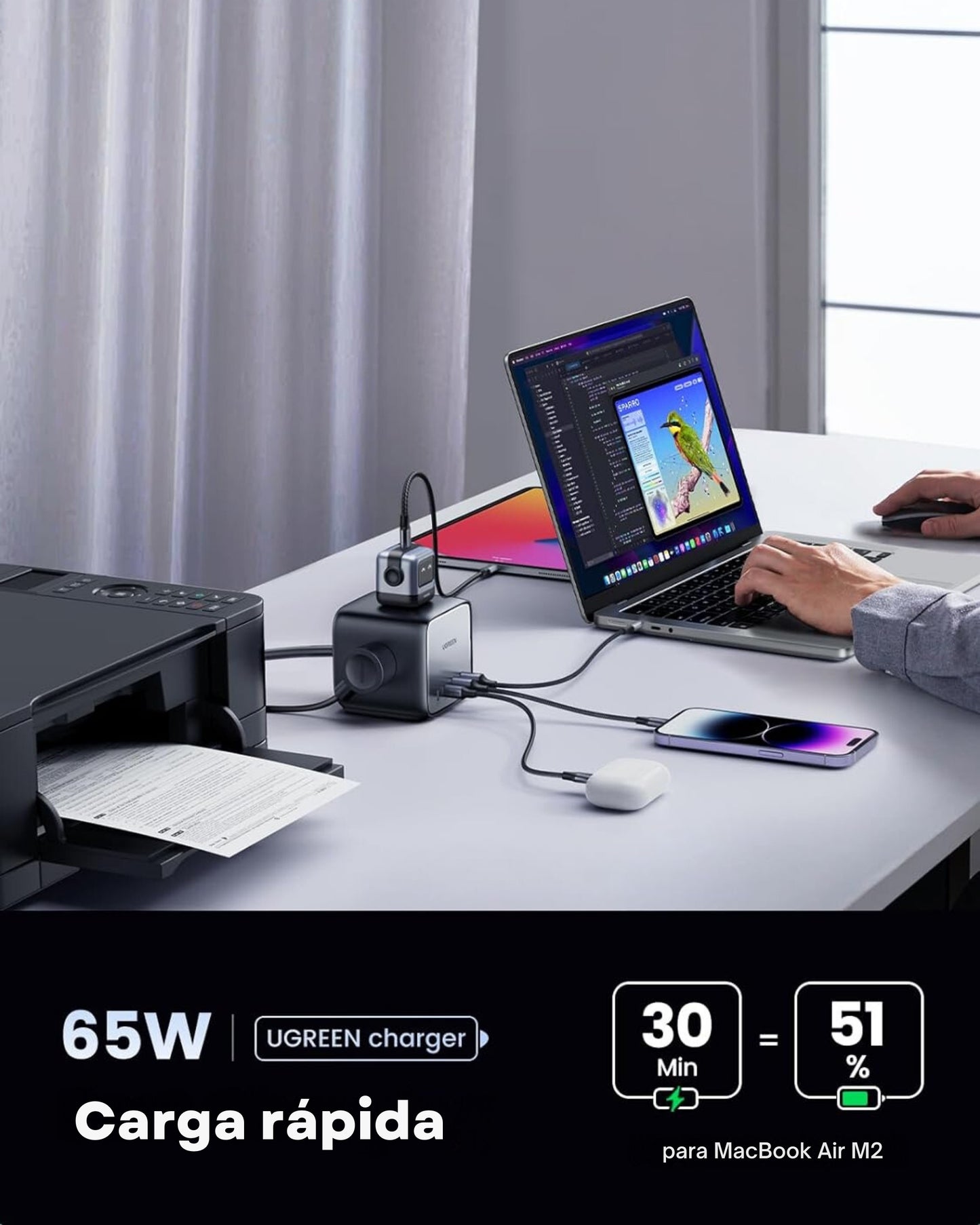 Estación de Carga UGREEN 65W USB-C Nexode 7 en 1 – Regleta de Potencia GaN con 3 Tomas AC, 2 Puertos USB-C y 2 USB-A para MacBook Pro, iPhone 16 Pro y Más