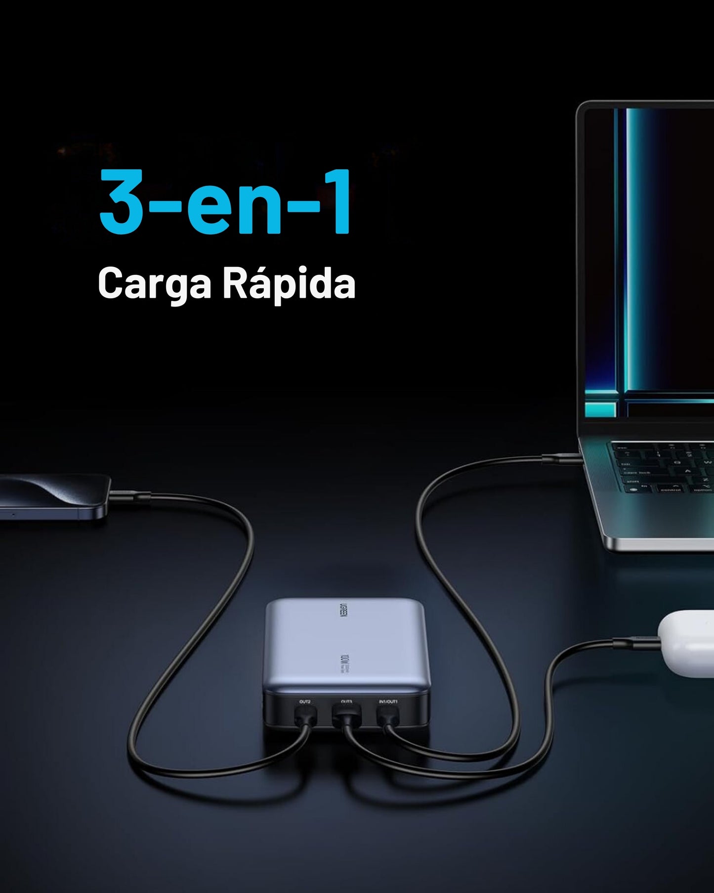 Power Bank UGREEN 20000mAh 100W Nexode – Cargador Portátil de 3 Puertos con Carga Rápida PD para MacBook, iPhone 16, Galaxy S24, Steam Deck, y Más