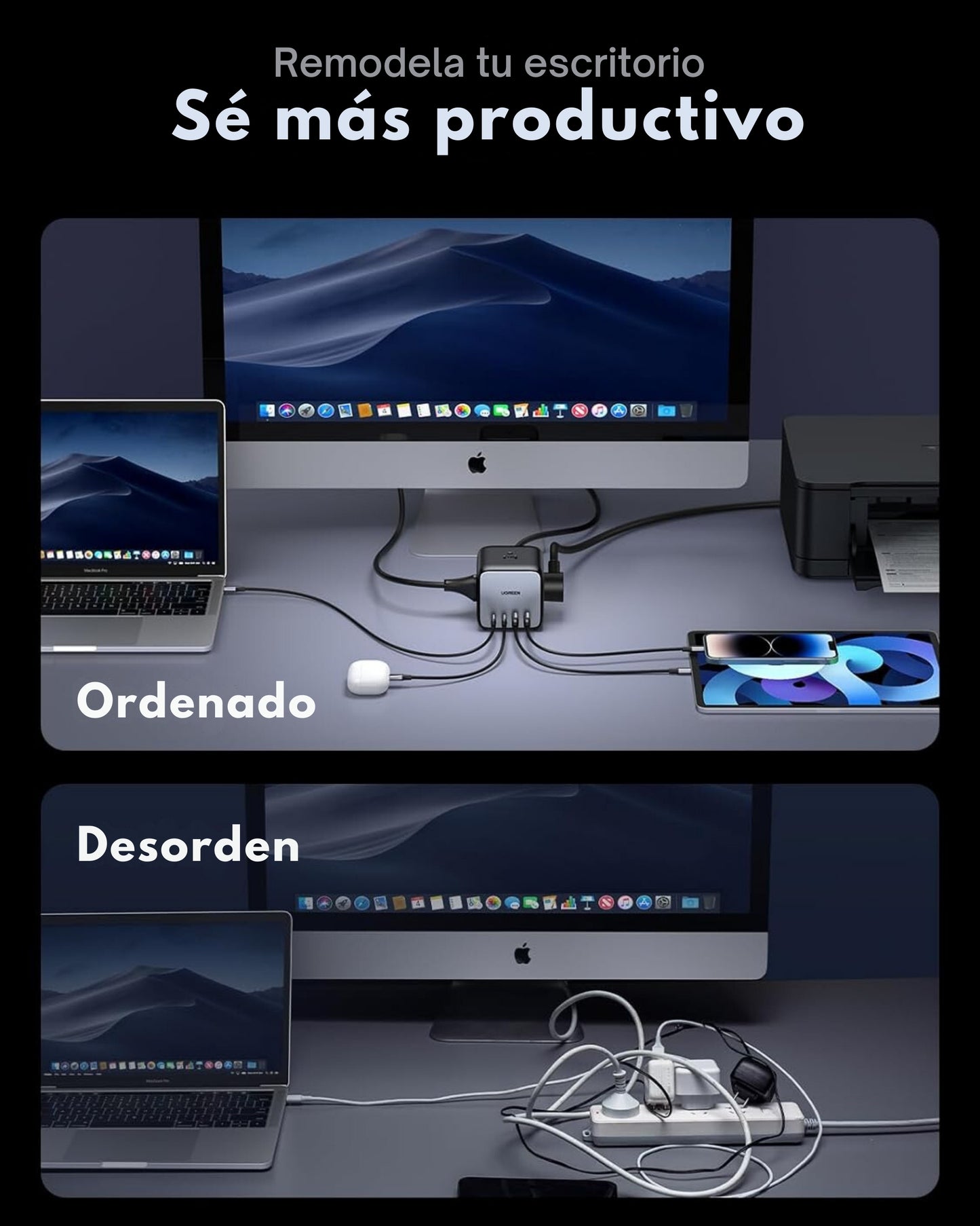 Estación de Carga UGREEN 65W USB-C Nexode 7 en 1 – Regleta de Potencia GaN con 3 Tomas AC, 2 Puertos USB-C y 2 USB-A para MacBook Pro, iPhone 16 Pro y Más