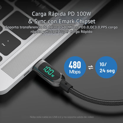 Cable SOOPII USB-C a USB-C 100W 4 pies – Cable de Carga Rápida con Pantalla LED para iPhone 15, iPad Air, MacBook Pro, Galaxy S24/S23, Pixel, LG