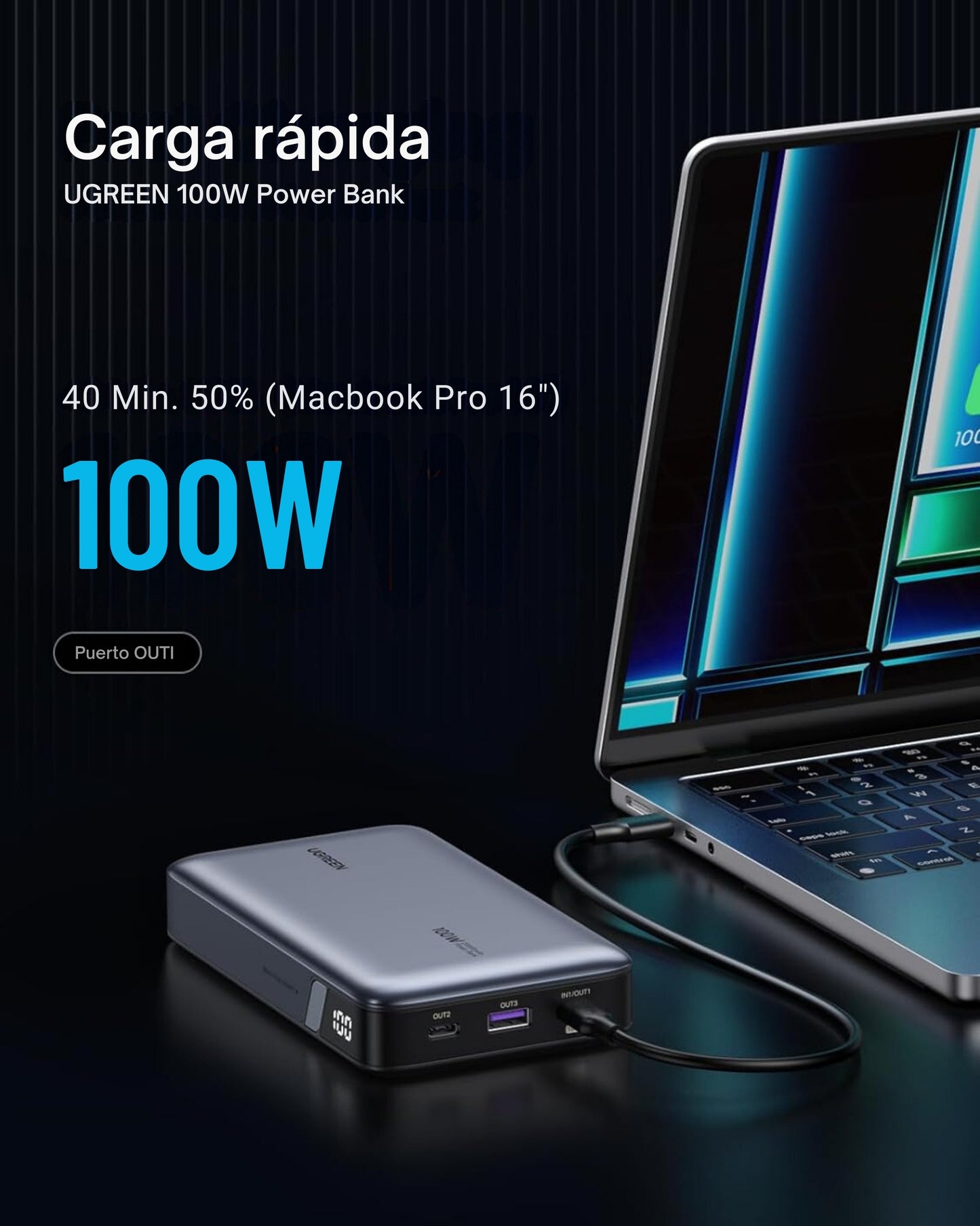 Power Bank UGREEN 20000mAh 100W Nexode – Cargador Portátil de 3 Puertos con Carga Rápida PD para MacBook, iPhone 16, Galaxy S24, Steam Deck, y Más