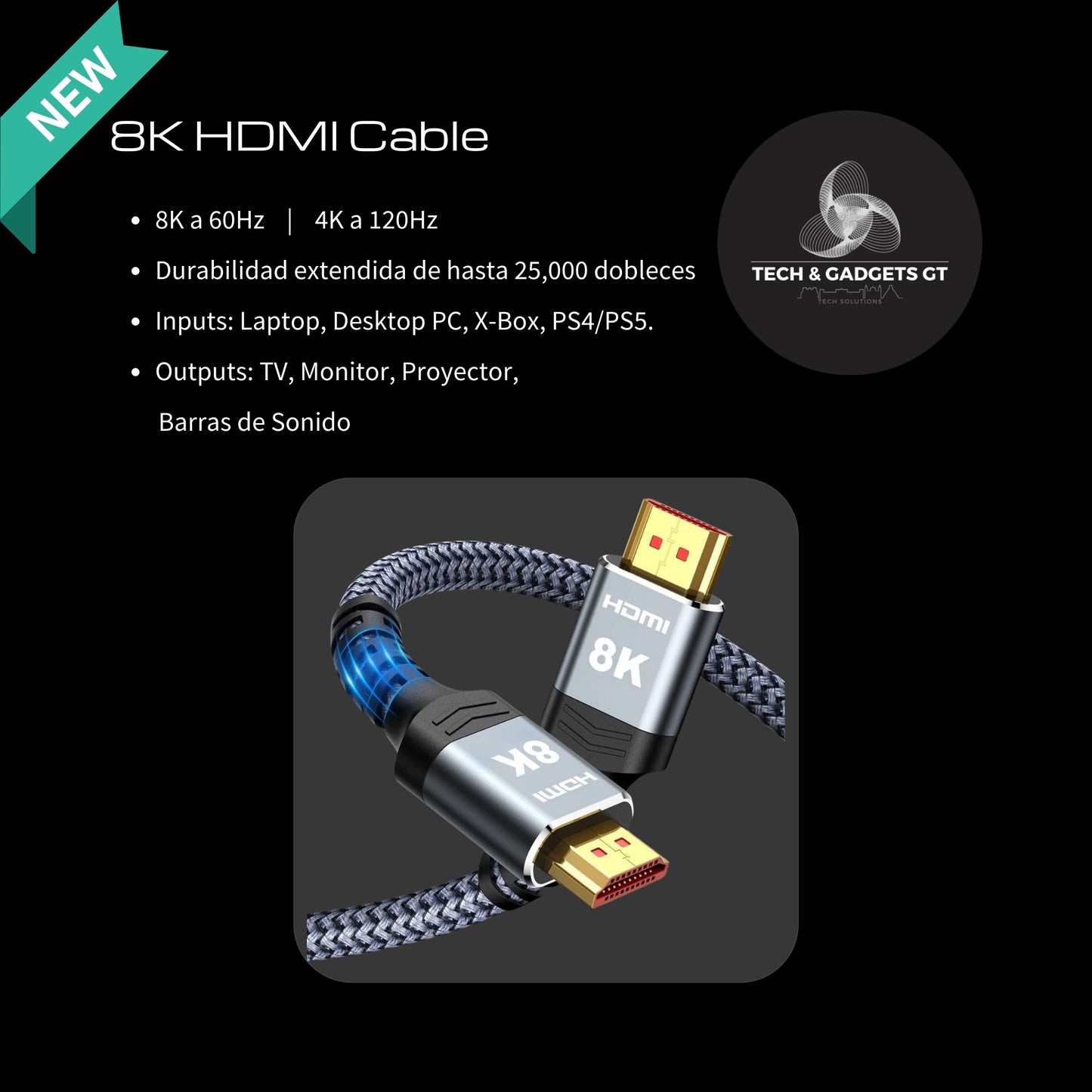 Cable HDMI Highwings 8K 60Hz Ultra High Speed 48Gbps, 1 Metro – Compatible con 4K@120Hz, HDR, eARC, DTS:X, y Más