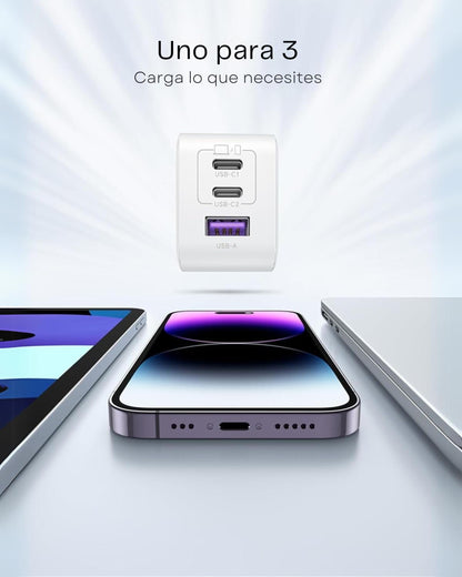 Cargador UGREEN Nexode 65W USB-C - 3 Puertos, Compacto y Plegable