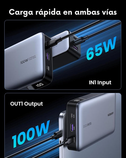 Power Bank UGREEN 20000mAh 100W Nexode – Cargador Portátil de 3 Puertos con Carga Rápida PD para MacBook, iPhone 16, Galaxy S24, Steam Deck, y Más