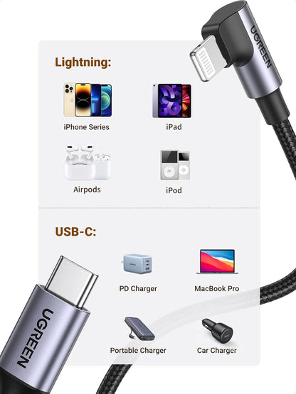 Cable UGREEN Lightning a USB-C con Certificación MFi - 90°