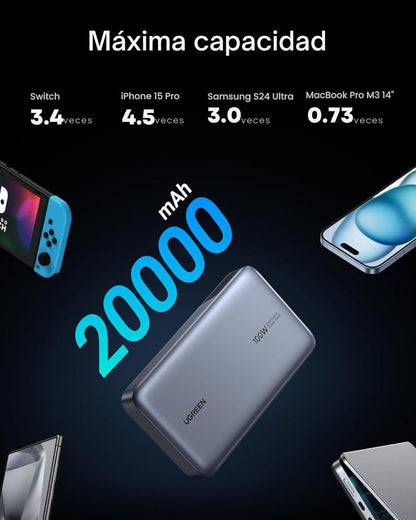 Power Bank UGREEN 20000mAh 100W Nexode – Cargador Portátil de 3 Puertos con Carga Rápida PD para MacBook, iPhone 16, Galaxy S24, Steam Deck, y Más