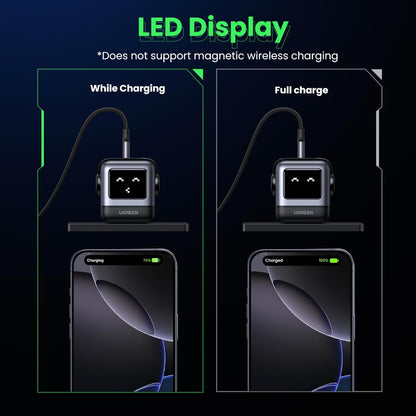 Imágen mostrándo las distintas visualizaciones de pantalla LED en cargador Ugreen de 65W, mientras carga o con carga completa en tus dispositivos.