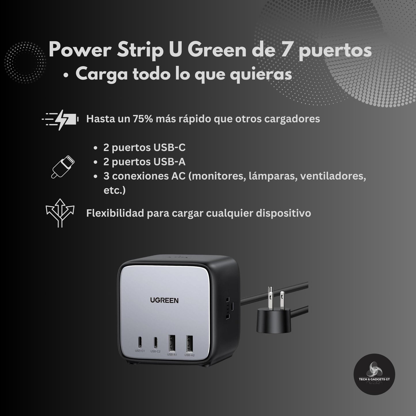 Estación de Carga UGREEN 65W USB-C Nexode 7 en 1 – Regleta de Potencia GaN con 3 Tomas AC, 2 Puertos USB-C y 2 USB-A para MacBook Pro, iPhone 16 Pro y Más