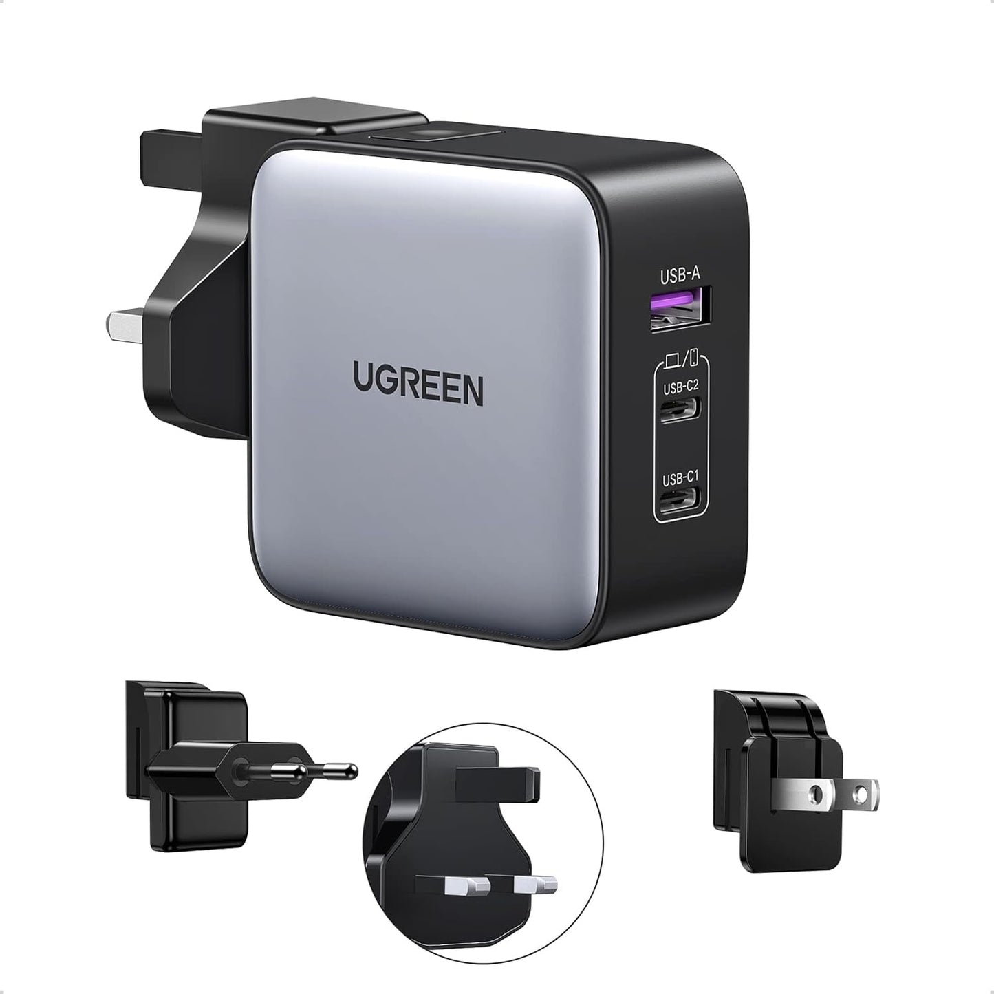 Cargador UGREEN Nexode 65W USB-C - 3 Puertos con Enchufes Internacionales