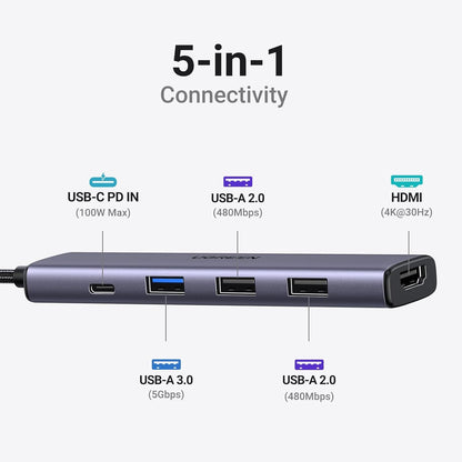 Hub USB-C UGREEN Revodok 105 - 5 en 1 con HDMI 4K y Carga PD 100W