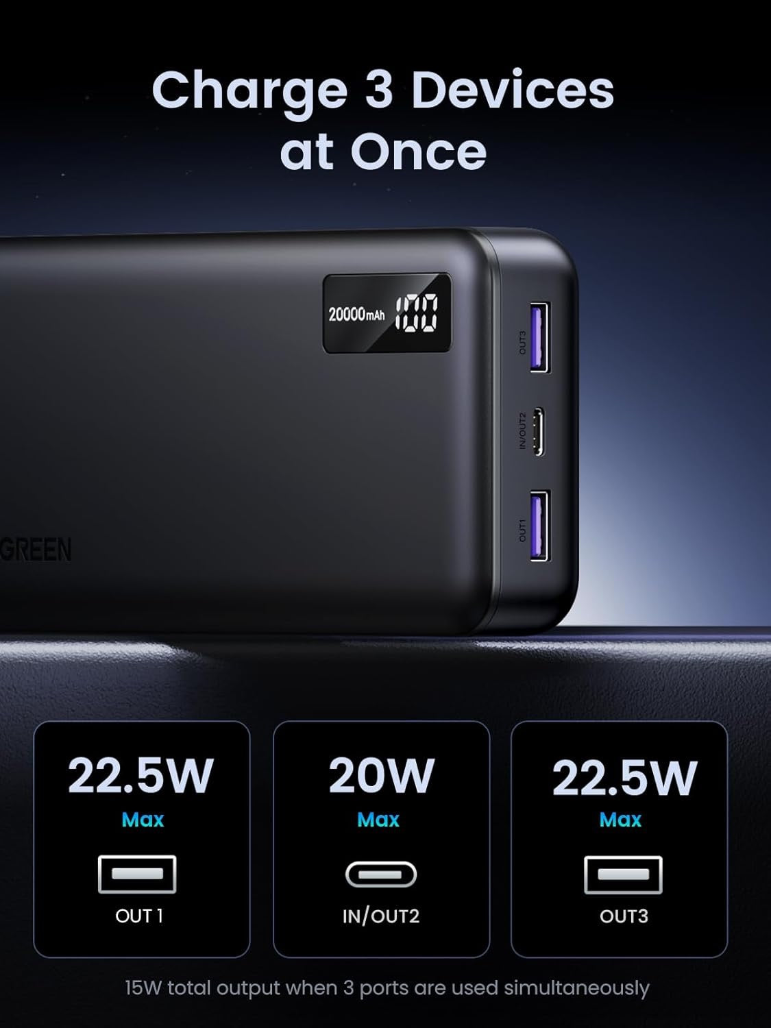 Power Bank UGREEN 20000mAh 22.5W – Batería Portátil USB-C con Carga Rápida PD 3.0, Entrada y Salida, para iPhone 16/15, Galaxy S24, iPad y Más