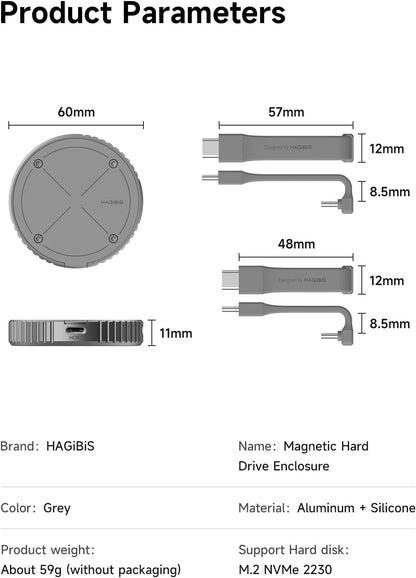 Carcasa SSD Externa Hagibis M.2 2230 NVMe con MagSafe – Adaptador USB-C 3.2 Gen2 10Gbps para iPhone 16/15 Pro Max, MacBook, iPad Pro, y Android